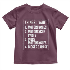 Funny Motorcycle Lovers Toddler T Shirt Things I Want Vintage Garage Graphic Bikers Club TS10 Maroon Print Your Wear
