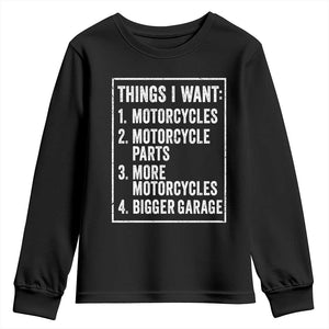 Funny Motorcycle Lovers Youth Sweatshirt Things I Want Vintage Garage Graphic Bikers Club TS10 Black Print Your Wear