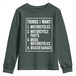 Funny Motorcycle Lovers Youth Sweatshirt Things I Want Vintage Garage Graphic Bikers Club TS10 Dark Forest Green Print Your Wear
