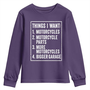 Funny Motorcycle Lovers Youth Sweatshirt Things I Want Vintage Garage Graphic Bikers Club TS10 Purple Print Your Wear