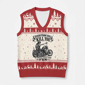 Skeleton Biker Vintage Motorcycle Graphic V-Neck Knit Sweater Vest Everything Will Kill You So Choose Something Fun TS10 Beige Red Print Your Wear