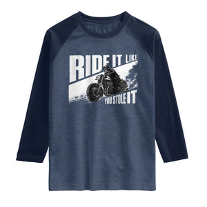 Ride It Like You Stole It Skeleton Biker Raglan Shirt Vintage Motorcycle Rider TS10 Heather Denim Navy Print Your Wear