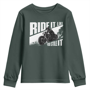 Ride It Like You Stole It Skeleton Biker Youth Sweatshirt Vintage Motorcycle Rider TS10 Dark Forest Green Print Your Wear