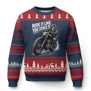 Ride It Like You Stole It Skeleton Rider Vintage Motorcycle Graphic Ugly Christmas Sweater Biker Enthusiasts TS10 Navy Red Print Your Wear