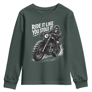 Ride It Like You Stole It Skeleton Rider Vintage Motorcycle Graphic Youth Sweatshirt Biker Enthusiasts TS10 Dark Forest Green Print Your Wear