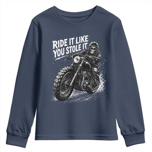 Ride It Like You Stole It Skeleton Rider Vintage Motorcycle Graphic Youth Sweatshirt Biker Enthusiasts TS10 Navy Print Your Wear