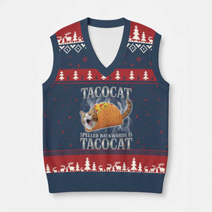 Tacocat Spelled Backwards Is Tacocat V-Neck Knit Sweater Vest Funny Cat Gift 90s Bootleg TS10 Navy Red Print Your Wear