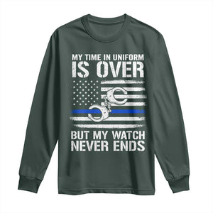 Police Retirement Long Sleeve Shirt Handcuffs US Flag Retired Police Graphic TS10 Dark Forest Green Print Your Wear