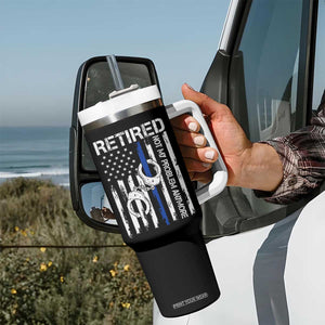 Police Retirement Tumbler With Handle Retired Not My Problem Anymore Handcuffs US Flag Retired Police Graphic