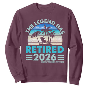 The Legend Has Retired 2026 Sweatshirt Vintage Tropical Beach Sunset Graphic Ocean Vibes TS10 Maroon Print Your Wear