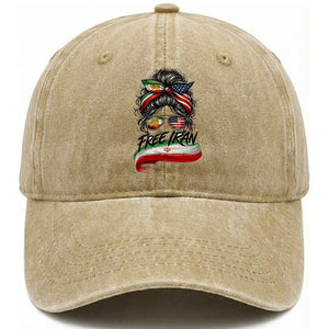 Free Iran Washed Cotton Baseball Cap Persian American Pride Lion Sun Flag Messy Bun TS10 Washed Cap Universal Fit Khaki Print Your Wear