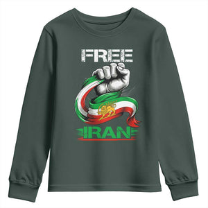 Free Iran Youth Sweatshirt Iran Lion Sun Flag Fist TS10 Dark Forest Green Print Your Wear