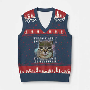 Tummy Ache Survivor Cat Meme V-Neck Knit Sweater Vest Vintage 90s Graphic Funny Stomach Issues Bootleg TS10 Navy Red Print Your Wear