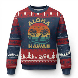 Aloha Hawaii Ugly Christmas Sweater Retro Hawaiian Island Palm Beach Surfboard Surf TS10 Navy Red Print Your Wear