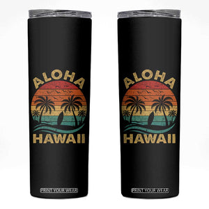 Aloha Hawaii Skinny Tumbler Retro Hawaiian Island Palm Beach Surfboard Surf TS10 Black Print Your Wear
