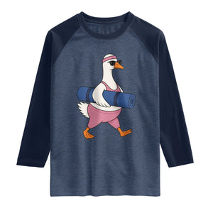 Yoga Goose Carrying Mat Raglan Shirt Funny Yogi Workout Fitness Graphic
