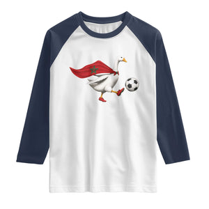 Morocco Soccer Raglan Shirt Funny Goose Wearing Moroccan Flag Patriotic Football Fan Graphic TS10 White Navy Print Your Wear