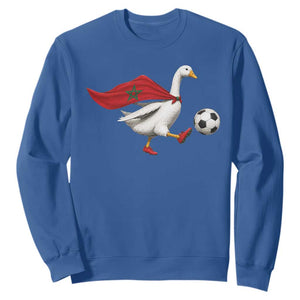 Morocco Soccer Sweatshirt Funny Goose Wearing Moroccan Flag Patriotic Football Fan Graphic TS10 Royal Blue Print Your Wear