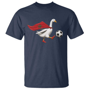 Morocco Soccer T Shirt Funny Goose Wearing Moroccan Flag Patriotic Football Fan Graphic TS10 Navy Print Your Wear