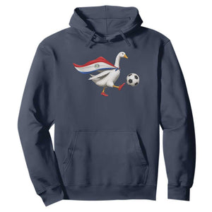 Funny Paraguay Soccer Hoodie Goose Wearing Paraguayan Flag Patriotic Football Fan Graphic TS10 Navy Print Your Wear