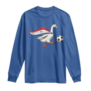 Funny Paraguay Soccer Long Sleeve Shirt Goose Wearing Paraguayan Flag Patriotic Football Fan Graphic TS10 Royal Blue Print Your Wear