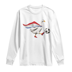 Funny Paraguay Soccer Long Sleeve Shirt Goose Wearing Paraguayan Flag Patriotic Football Fan Graphic TS10 White Print Your Wear