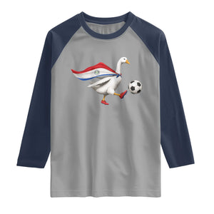 Funny Paraguay Soccer Raglan Shirt Goose Wearing Paraguayan Flag Patriotic Football Fan Graphic TS10 Sport Gray Navy Print Your Wear