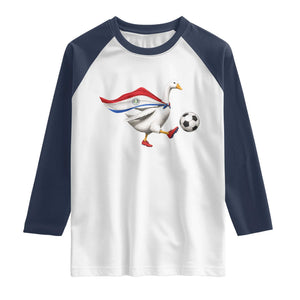 Funny Paraguay Soccer Raglan Shirt Goose Wearing Paraguayan Flag Patriotic Football Fan Graphic TS10 White Navy Print Your Wear