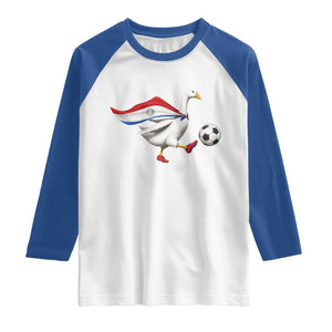 Funny Paraguay Soccer Raglan Shirt Goose Wearing Paraguayan Flag Patriotic Football Fan Graphic TS10 White Royal Print Your Wear