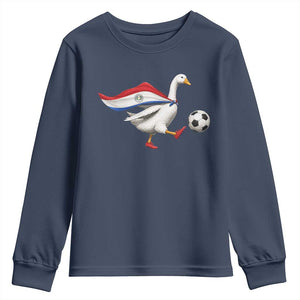 Funny Paraguay Soccer Youth Sweatshirt Goose Wearing Paraguayan Flag Patriotic Football Fan Graphic TS10 Navy Print Your Wear
