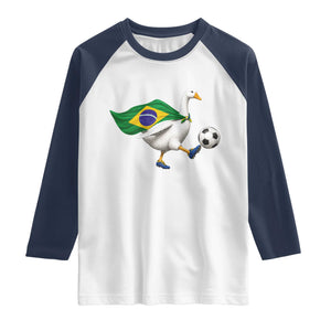 Brazil Soccer Goose Raglan Shirt Brazilian Flag Patriotic Football Fan Graphic TS10 White Navy Print Your Wear
