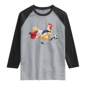 Funny France Soccer Raglan Shirt Rooster Wearing French Flag Patriotic Football Fan Graphic TS10 Heather Gray Black Print Your Wear