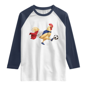 Funny France Soccer Raglan Shirt Rooster Wearing French Flag Patriotic Football Fan Graphic TS10 White Navy Print Your Wear
