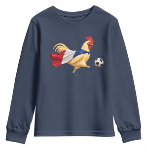 Funny France Soccer Youth Sweatshirt Rooster Wearing French Flag Patriotic Football Fan Graphic TS10 Navy Print Your Wear