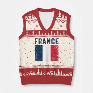 Vintage France Flag Distressed French Pride Patriotic Soccer Fan Graphic V-Neck Knit Sweater Vest TS10 Beige Red Print Your Wear