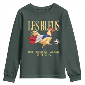 Les Bleus 2026 France Soccer Youth Sweatshirt Rooster Wearing French Flag Patriotic Football Fan Graphic TS10 Dark Forest Green Print Your Wear