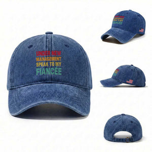 Funny Fiancé Washed Cotton Baseball Cap Under New Management Speak to My Fiancee TS10 Washed Cap Universal Fit Royal Blue Print Your Wear