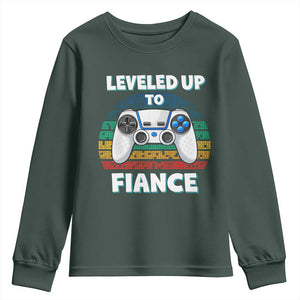 Leveled Up To Fiance Youth Sweatshirt Retro Newly Engaged Gifts For Him TS10 Dark Forest Green Print Your Wear