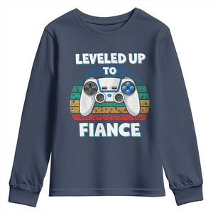 Leveled Up To Fiance Youth Sweatshirt Retro Newly Engaged Gifts For Him TS10 Navy Print Your Wear