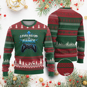 Leveled Up To Fiance Ugly Christmas Sweater Newly Engaged Gifts For Him Gamer TS10 Red Green Print Your Wear