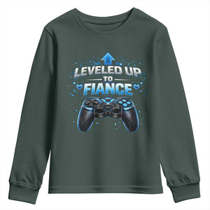 Leveled Up To Fiance Youth Sweatshirt Newly Engaged Gifts For Him Gamer TS10 Dark Forest Green Print Your Wear