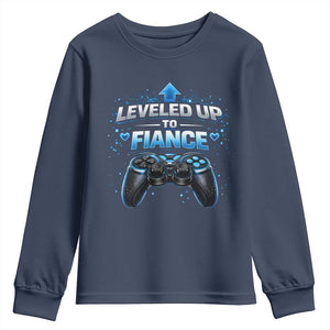 Leveled Up To Fiance Youth Sweatshirt Newly Engaged Gifts For Him Gamer TS10 Navy Print Your Wear