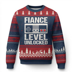 Leveled Fiance Unlocked Ugly Christmas Sweater Engagement Gift For Fiancé Bachelor Party TS10 Navy Red Print Your Wear