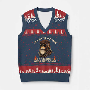Funny Man Saying V-Neck Knit Sweater Vest Im A Simple Old Man I Am Grumpy And Like Boobs Bigfoot Gag Gift TS10 Navy Red Print Your Wear