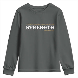 Christian Bible Youth Sweatshirt Philippians 4:13 Motivational Quote Inspirational Bible Verses TS10 Dark Heather Print Your Wear