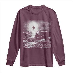 Christian Faith Long Sleeve Shirt Walk On Water Distressed Bible Verse TS10 Maroon Print Your Wear