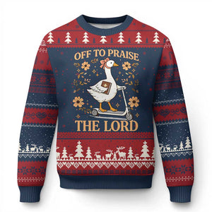 Funny Goose Christian Ugly Christmas Sweater Off To Praise The Lord Bible Verse Trendy Church TS10 Navy Red Print Your Wear