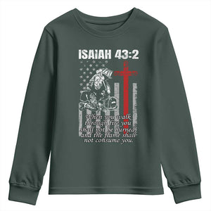 Isaiah 43 2 Firefighter Youth Sweatshirt Fireman Prayer Cross Bible Verse American Flag TS10 Dark Forest Green Print Your Wear