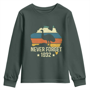Never Forget 1932 Emu War Youth Sweatshirt Funny Emu Lover Zookeeper TS10 Dark Forest Green Print Your Wear