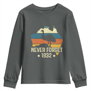 Never Forget 1932 Emu War Youth Sweatshirt Funny Emu Lover Zookeeper TS10 Dark Heather Print Your Wear